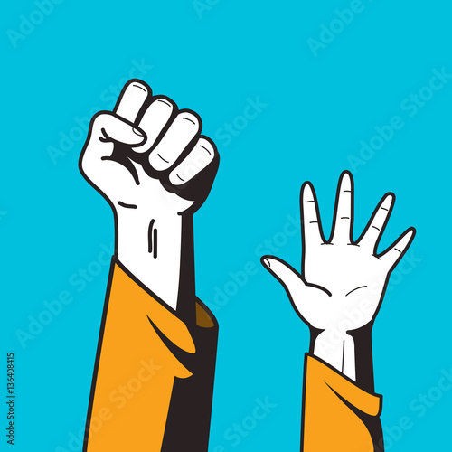 Illustration of a clenched fist and a raised hand
