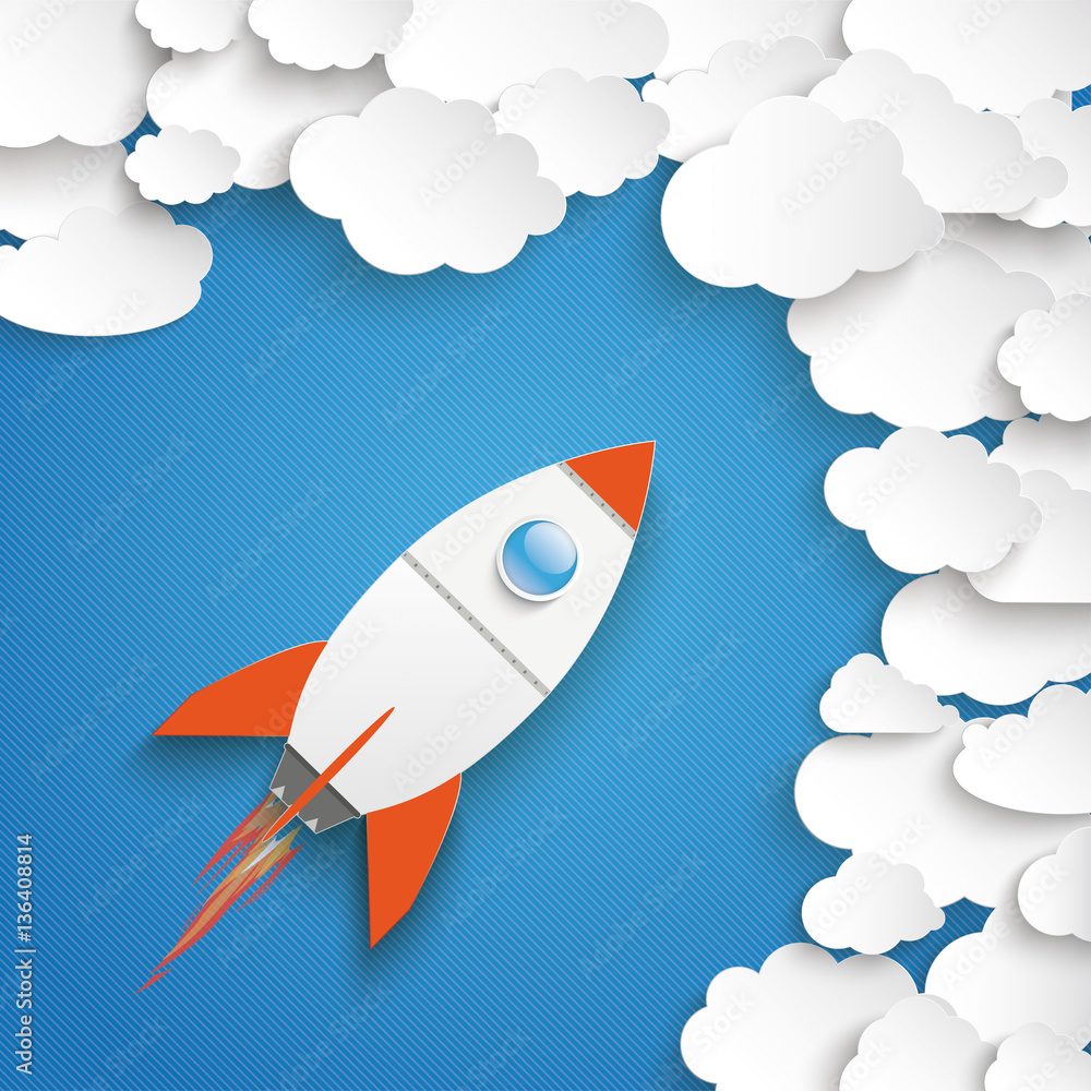 White Paper Clouds With Rocket Blue Sky White Paper Clouds With Rocket Blue Sky