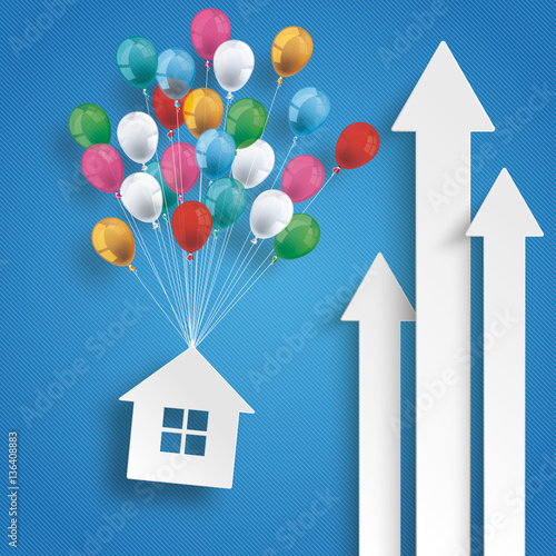 Three White Arrows House Balloons Blue Background