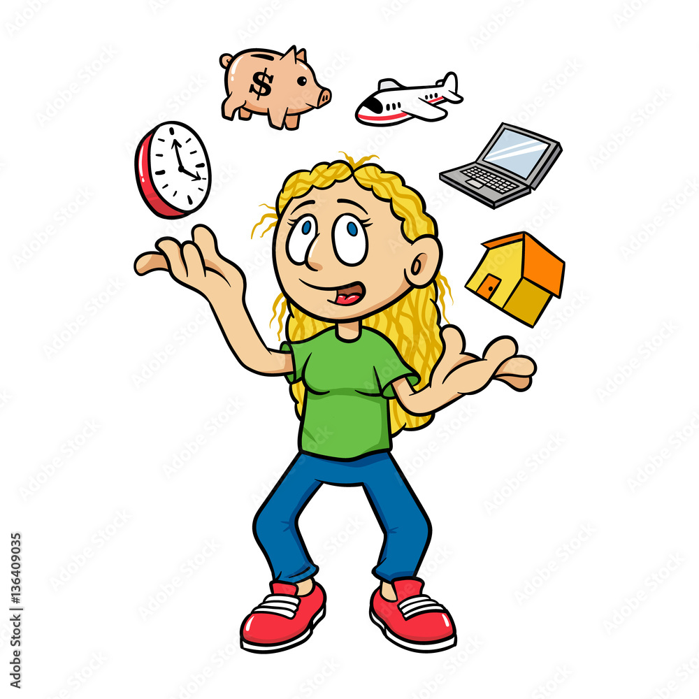 Cartoon Woman Juggling Time Management Vector Illustration Stock