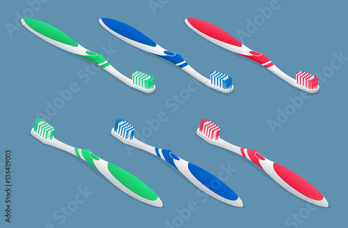 Set of isometric Toothbrushes on light background. Flat 3d vector illustration.