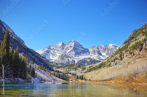 Maroon Bells mountain lake landscape, Colorado, USA.