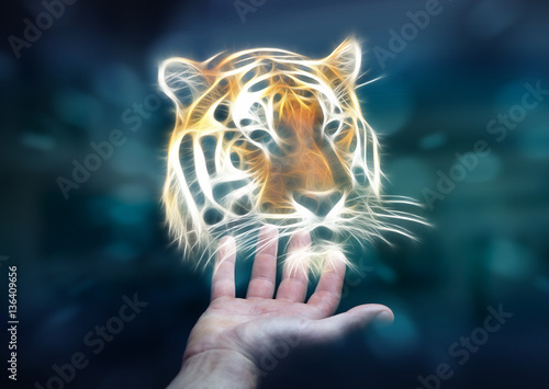 Fototapeta Naklejka Na Ścianę i Meble -  Person holding fractal endangered tinger illustration 3D renderi