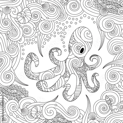 Coloring page with ornate octopus isolated on white background.