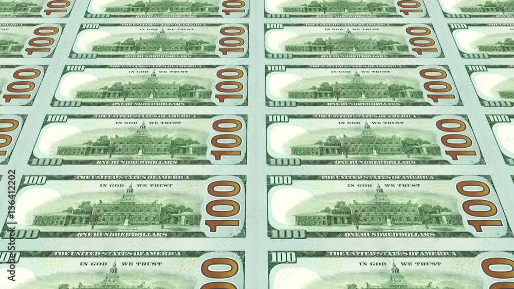Reverse side of new 100 dollar bills approaching from distance 3d perspective. Looped. Reverse side of new 100 dollar bills approaching from distance 3d perspective. Looped.