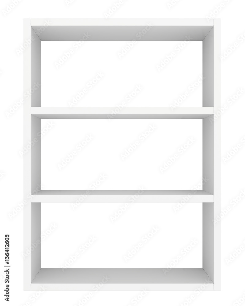 Blank showcase displays shelves front view isolated on white background. 3D rendering. Blank showcase displays shelves front view isolated on white background. 3D rendering.