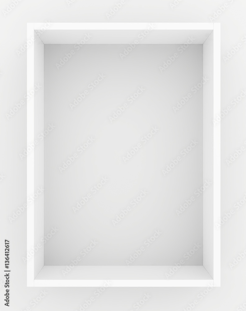 White blank showcase displays shelf front view. 3D rendering. White blank showcase displays shelf front view. 3D rendering.