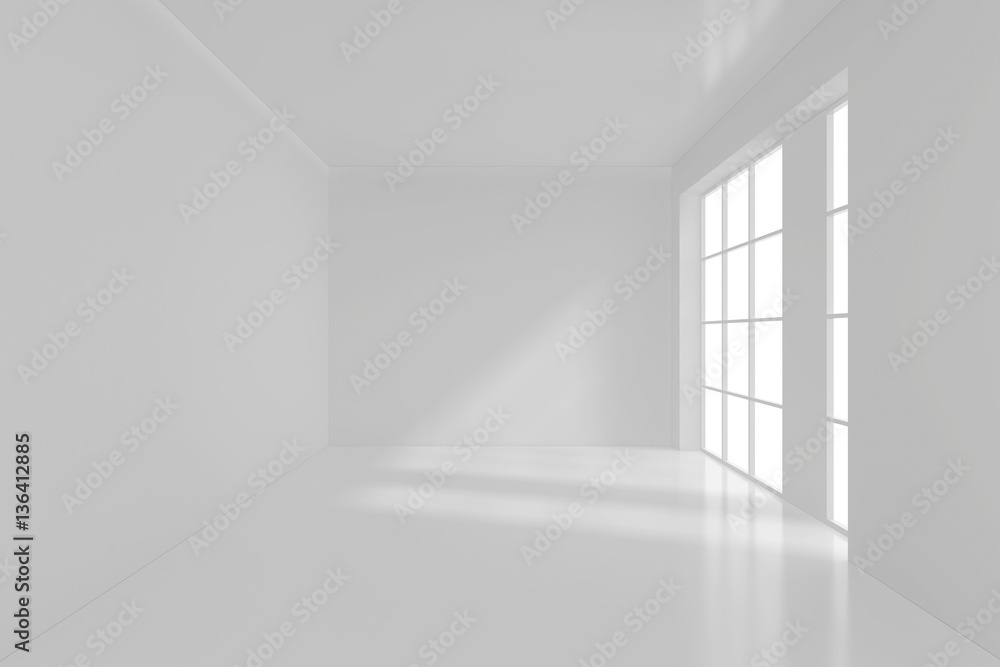 Fototapeta premium Spacious interior with blank wall and panoramic windows. 3D Rendering