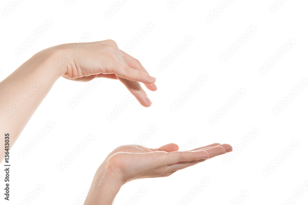 Female hand holding a virtual bank, and the other hand down your finger in it. Female hand holding a virtual bank, and the other hand down your finger in it.