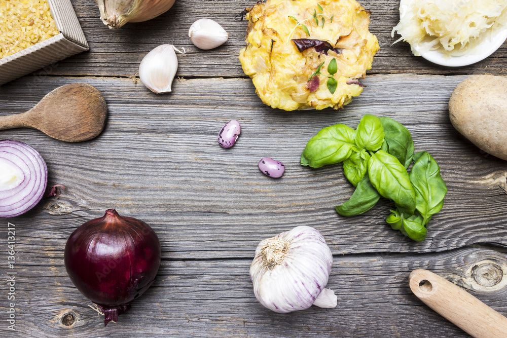 Top View Cooking Ingredients on Wooden Background Top View Cooking Ingredients on Wooden Background