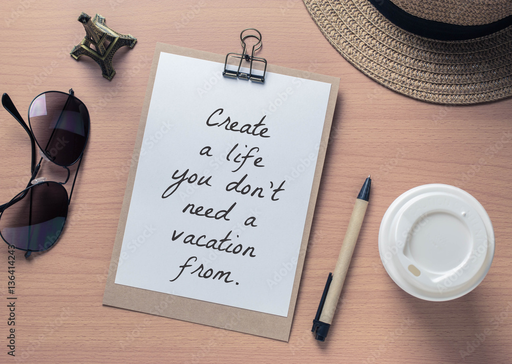 Inspirational motivating quote on notebook and travel objects - obrazy, fototapety, plakaty 