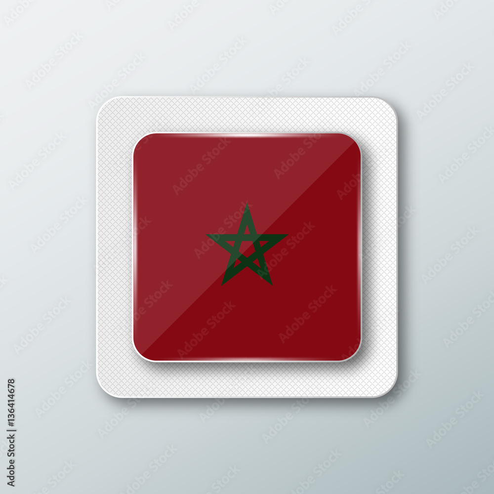 Square button with the national flag of Morocco with the reflection of light. Icon with the main symbol of the country. Square button with the national flag of Morocco with the reflection of light. Icon with the main symbol of the country.