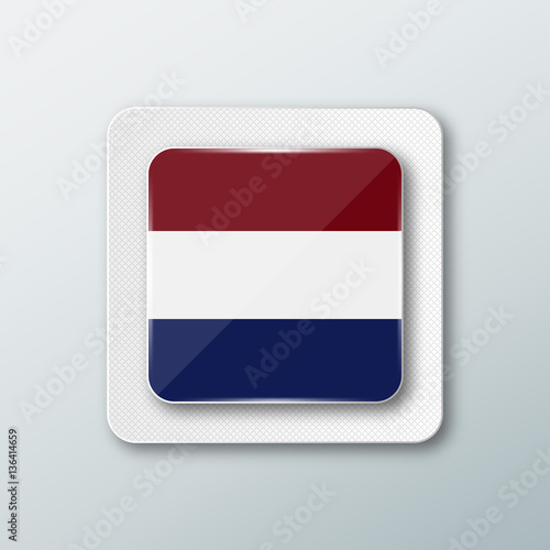 Square button with the national flag of Netherlands with the reflection of light. Icon with the main symbol of the country.