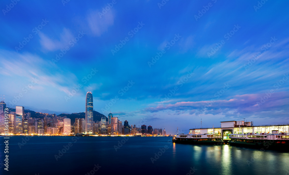 Sunrise in Victoria harbor, Hong Kong 