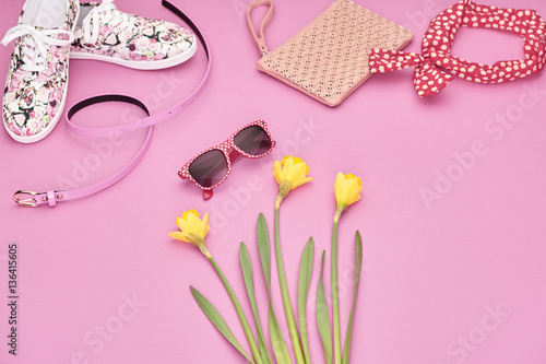 Summer Hipster style.Design Spring Fashion girl clothes set,accessories.Trendy sunglasses, floral hipster gumshoes. Fashion Handbag clutch, spring flower.Summer Urban woman look.Perspective view
