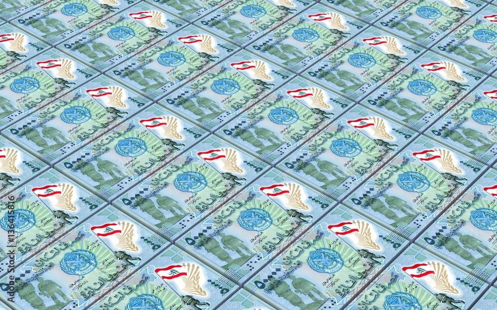 Lebanese pounds bills stacked background. 3D illustration.