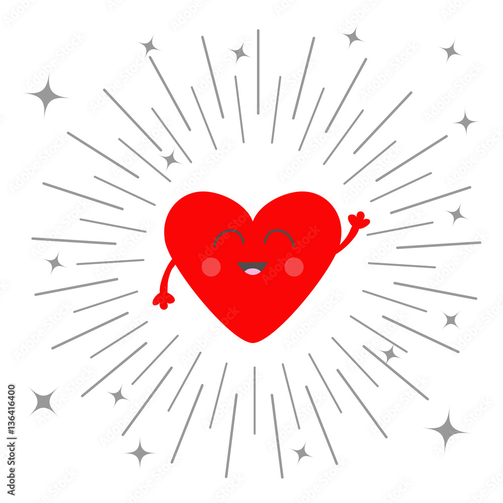 Red heart face head with hands. Cute cartoon kawaii smiling character.  Round line shining star circle. Valentines day sign symbol. Flat design  style. Greeting card. Isolated. White background. Stock Vector | Adobe