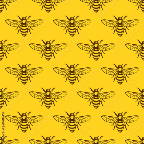 Vector seamless yellow pattern with outline bee. Organic honey background. Design concept for honey package design, label, wrapping, fashion prints. © Betelgejze
