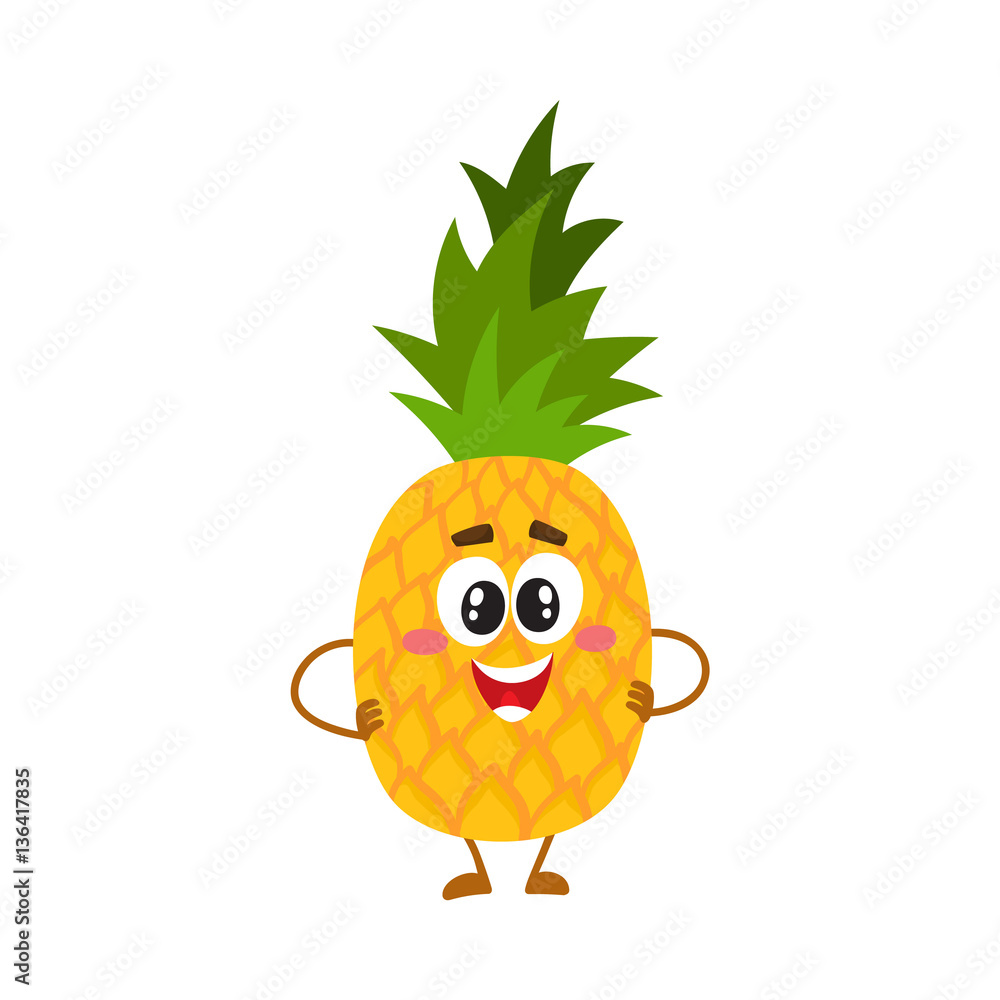 Cute and funny pineapple character with smiling face standing with ...