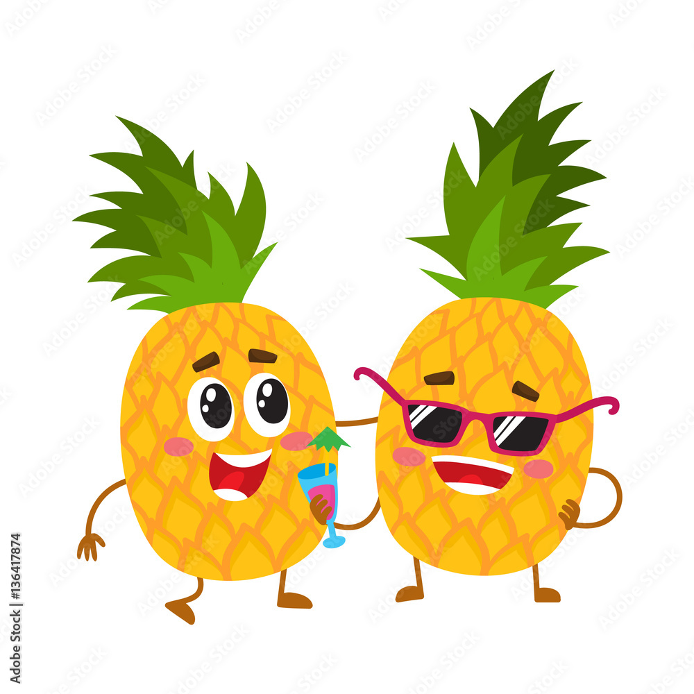 Two cute and funny pineapple characters, one tickling the other, cartoon vector illustration isolated on white background. Couple of funny pineapple characters, mascots having fun together