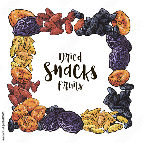 Squareframe of dried fruits with place for text, sketch vector illustration. Hand drawn realistic dried plums, prunes, apricots, raising as square frame, banner, label design