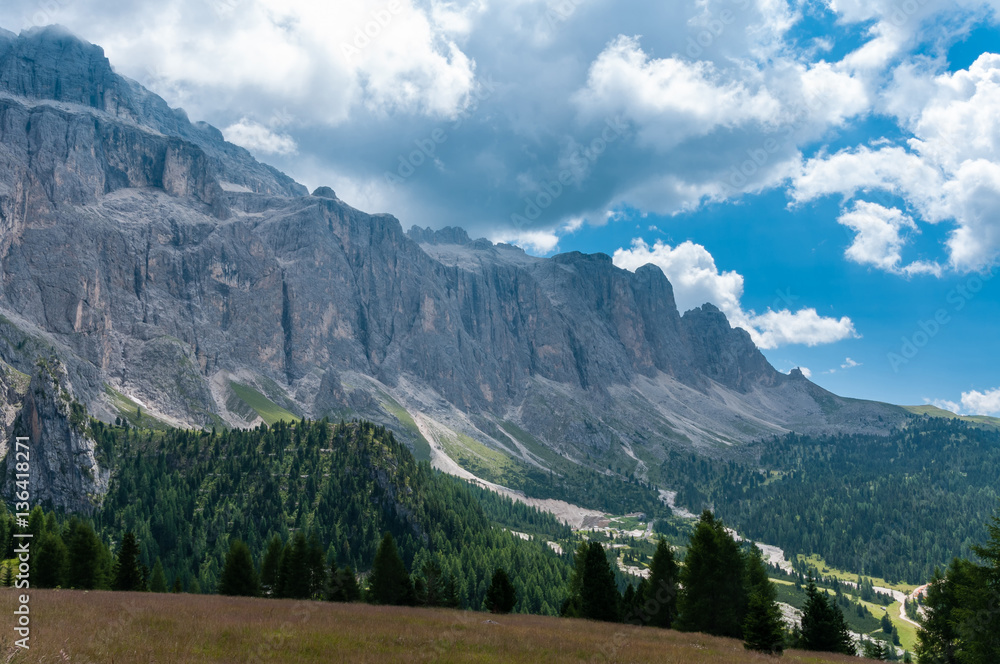 Obraz premium The Sella Group, a plateau shaped massif in the Dolomites, Italy