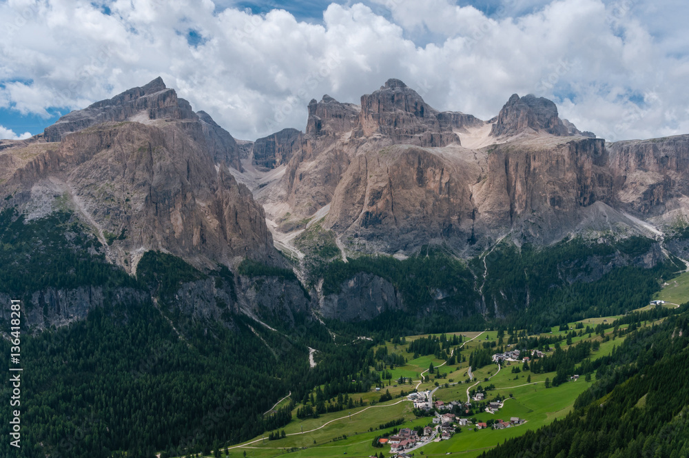 Obraz premium The Sella Group, a plateau shaped massif in the Dolomites, Italy