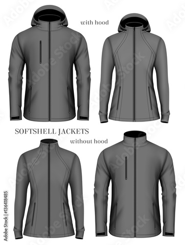 Set of womens and mens softshell jackets