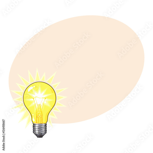 Old-fashioned glowing tungsten light bulb, side view, sketch style vector illustration with place for text. Realistic hand drawing of glowing retro style transparent tungsten light bulb