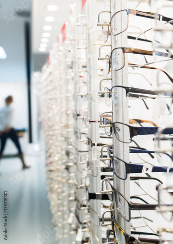 Row of eyeglass at an opticians store