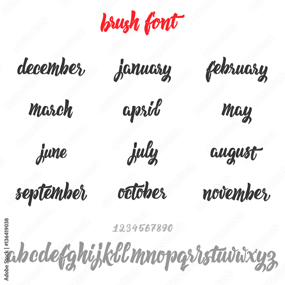 Vector Alphabet. Brush handwritten names of months. Calligraphic font. Unique Custom Characters. Hand Lettering for Designs - logos, badges, postcards, posters, prints. Modern brush handwriting Vector Alphabet. Brush handwritten names of months. Calligraphic font. Unique Custom Characters. Hand Lettering for Designs - logos, badges, postcards, posters, prints. Modern brush handwriting