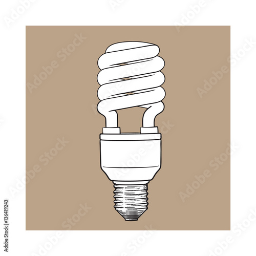 Fluorescent, energy saving, spiral light bulb, side view, sketch style vector illustration isolated on brown background. Realistic hand drawing of spiral fluorescent light bulb, energy saving concept