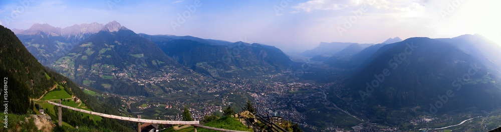 Impressing panorama view on valleys and mountains in the italian alps standing at Mt Hochmuth (Meran, South Tyrol, Italy)