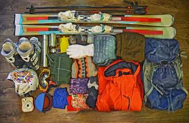 Fotobehang Wintersport Skikleding en accessoires bovenaanzicht  © natalia_maroz