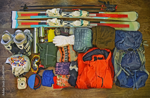 Winter sports equipment set , ski clothes and accessories