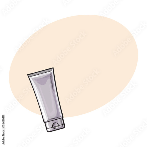 Blank, unlabelled tube of sun protection, moisturizing cream or facial mask, sketch vector illustration with place for text. Hand drawn unlabelled cream tube, package design