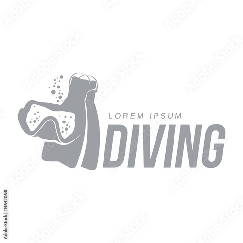 Black and white graphic diving logo template with mask and flippers, vector illustration isolated on white background. Scuba diving, snorkeling logotype, logo design with stylized mask flippers