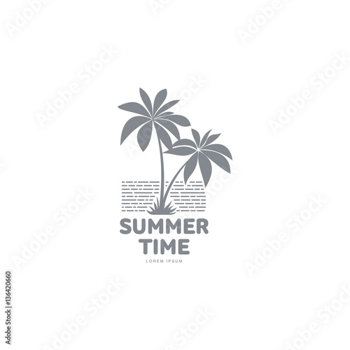 Black white, silhouette logo template with two palm trees and stylized sky, vector illustration isolated on white background. Black white summer time logotype, logo template with tropical palms