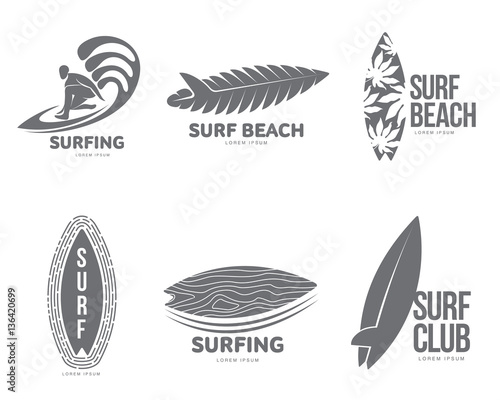 Set of black and white graphic surfing logo templates with surfer and surfboard, vector illustration isolated on white background. Graphic surfing board logotype, logo design