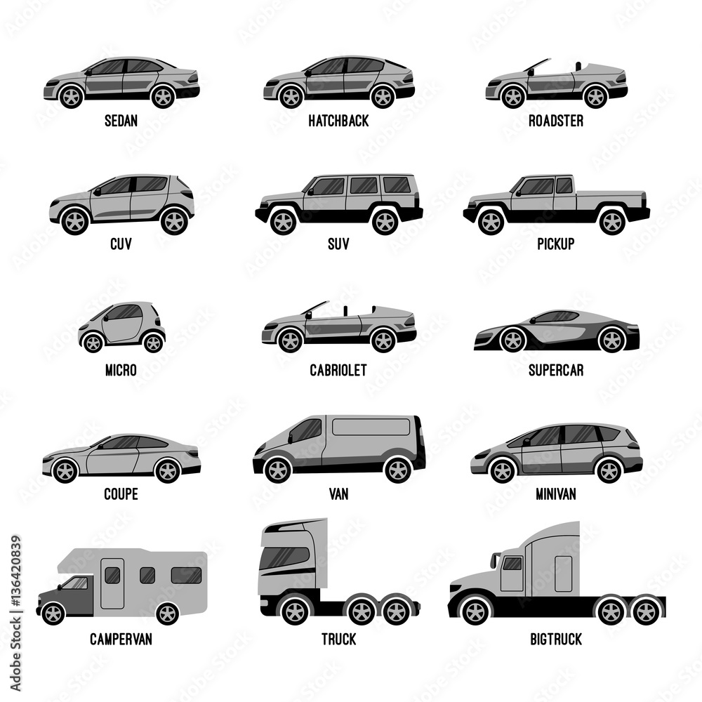 Automobile set isolated. Car models of different sizes or capabilities Automobile set isolated. Car models of different sizes or capabilities