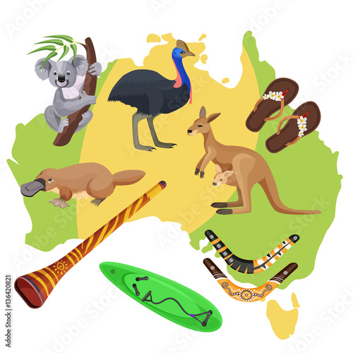 Fototapeta Naklejka Na Ścianę i Meble -  Australia symbols on map. Koala, kangaroo, surfboard, boomerang, ostrich, platypus,