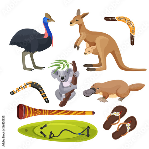 Australia symbols isolated. Koala, kangaroo, surfboard, boomerang, ostrich, platypus, didgeridoo photo