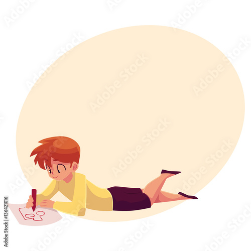 Little boy lying on the floor and drawing car, truck with a pencil, cartoon vector on background with place for text. Teenage boy drawing car with a red pencil lying on the floor and enjoying process
