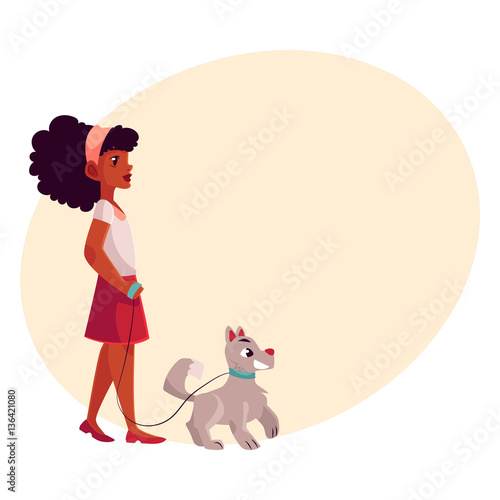 Black, African American girl walking with her white dog on a loose leash, cartoon vectoron background with place for text. Full length portrait of black girl walking with her dog, puppy