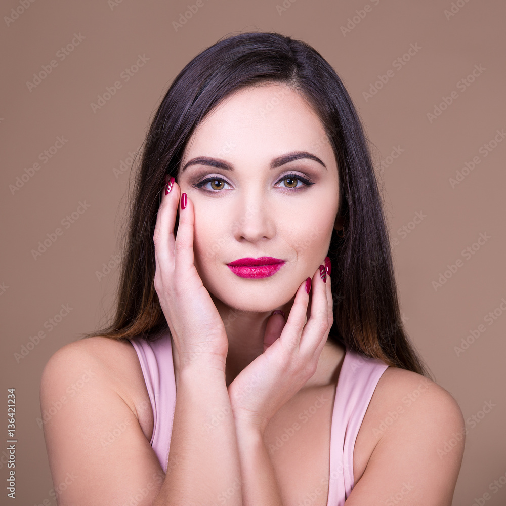 Fototapeta premium make up and beauty concept - portrait of young beautiful woman w