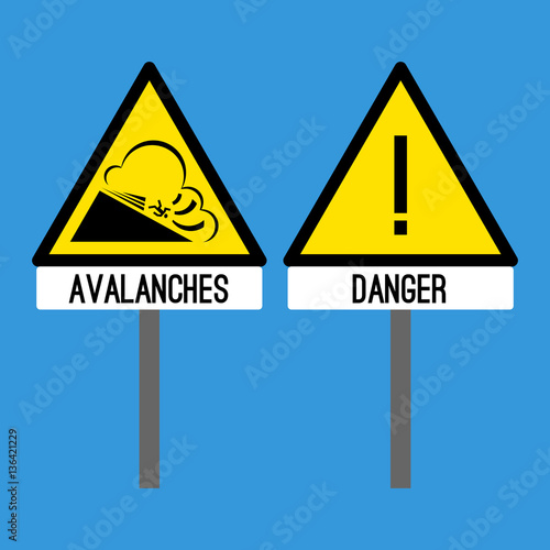 Road sign avalanches. Snowslide or snowslip rapid flow of snow