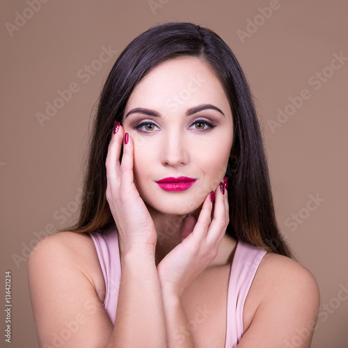 make up and beauty concept - portrait of young beautiful woman w