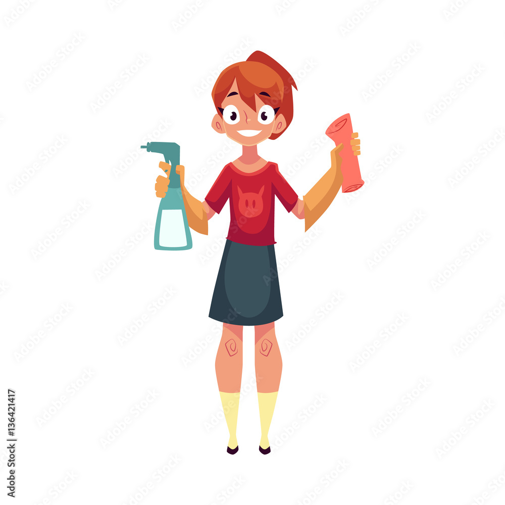 Teenage girl helping to clean the house, holding sprinkler and cloth, cartoon vector illustration isolated on white background. Girl cleaning home with cloth and sprinkler Teenage girl helping to clean the house, holding sprinkler and cloth, cartoon vector illustration isolated on white background. Girl cleaning home with cloth and sprinkler