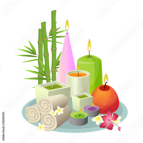 Spa treatments set of white towels, burning candles and plants