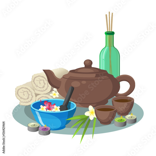Aroma concept collection of blue bowl, green bottle with sticks